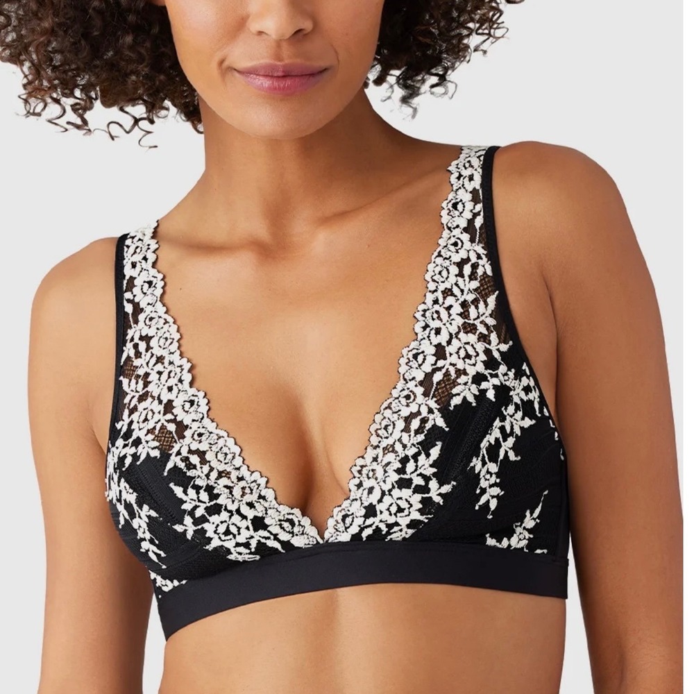 NWOT Wacoal B-Smooth Lace Bralette Black Cream Floral Wireless J-Hook 852191 34
